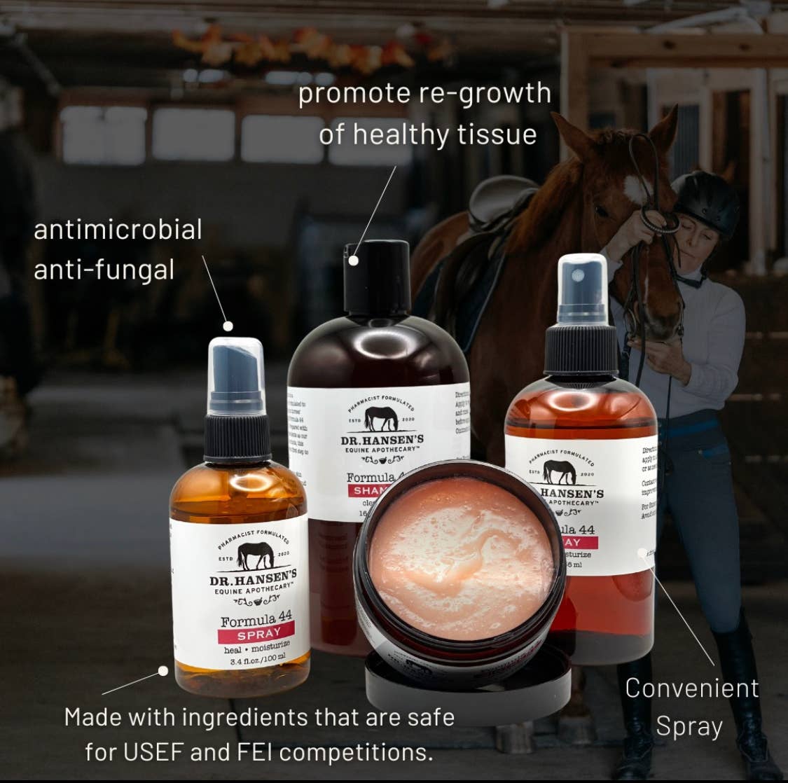 Promote healthy tissue with Dr. Hansens antimicrobial and antifungal ointment for horses. Now at Roxy and Bumble. 