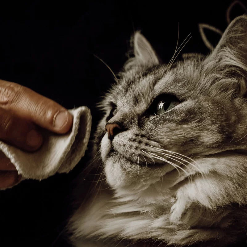 Cat being cleaned safely and naturally with Nellumbo Cleansing Lotion. Now at Roxy and Bumble. 